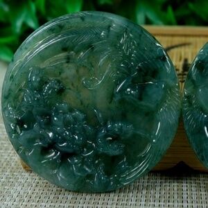 1 Pair Certified Green 糯冰飘花 100% Natural A jadeite Jade pendant~Phoenix 凤凰